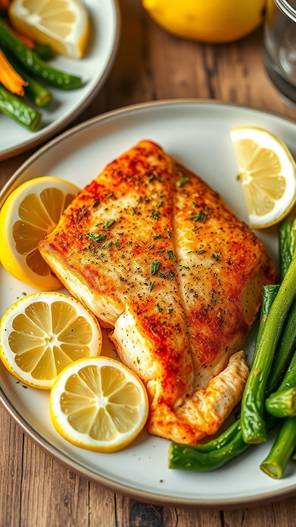 Air Fryer Frozen Salmon Cooking Guide Air-fried salmon fillet with lemon wedges and vegetables on a rustic table.